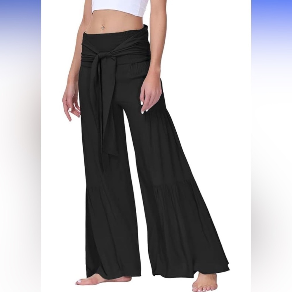 Versona Black Contemporary Stretchy Pull On Wide Leg Pants Flowy Size L Ties
